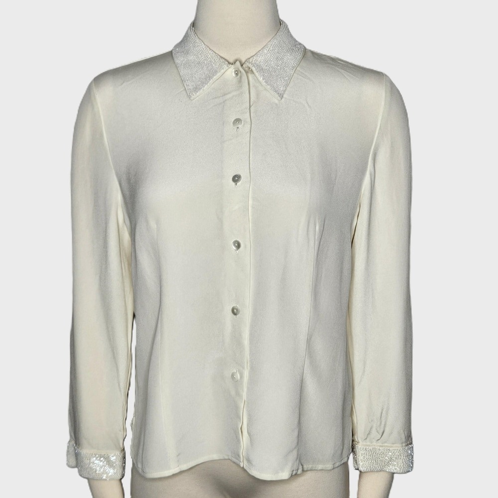 Talbots Pure Silk Blouse Cream Beaded Collar Cuffs Button Down Women Size 6 VTG